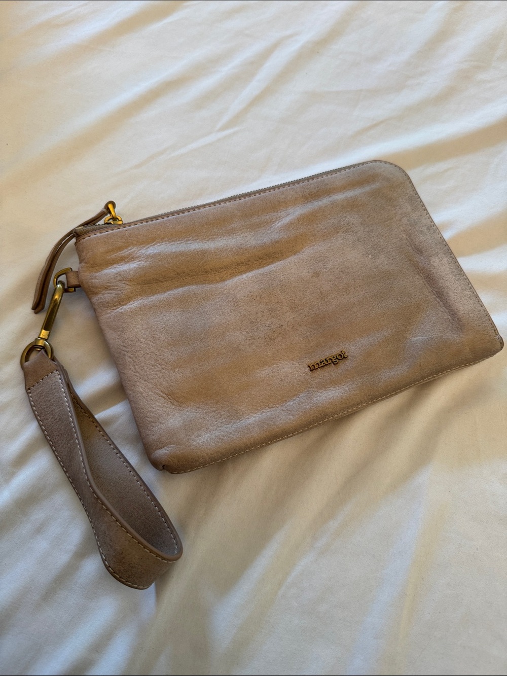 Liz Claiborne Beige Leather Wristlet with Gold Hardware